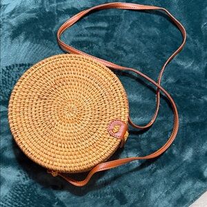 Round Woven Tan Crossbody Bag